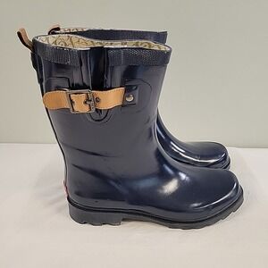 Chooka Women's Rain Snow Boot Size 7 Navy Winter Rubber Leather Strap Buckle